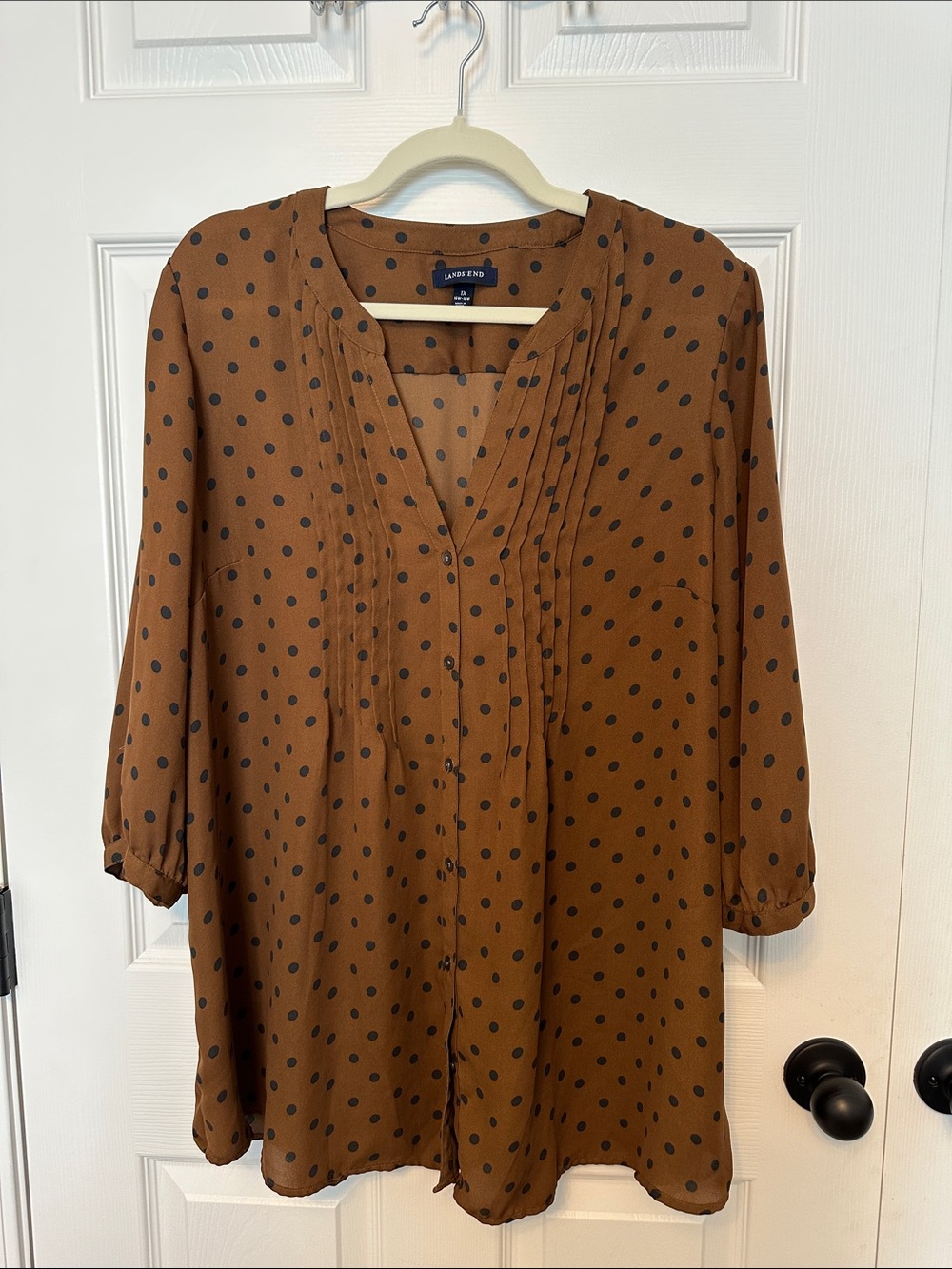 Lands' End Brown Polka Dot Pintuck Blouse